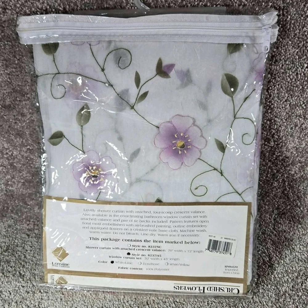Lorraine Shower Curtain White Lilac Crushed Flowers Floral Valance 70x72